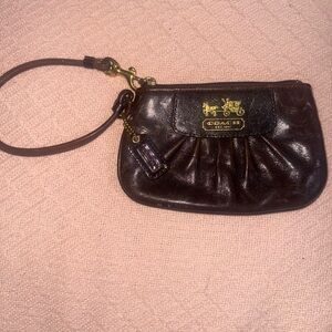 Coach Dark Brown Leather Wristlet with Gold Details